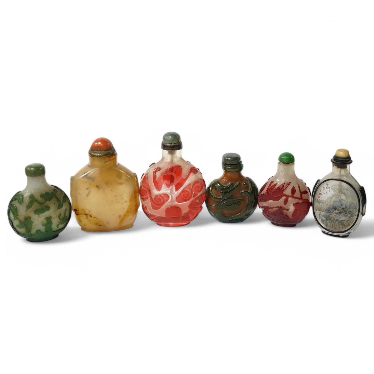 Six assorted Chinese snuff bottles, tallest 8.5cm high. Condition - variable poor to good